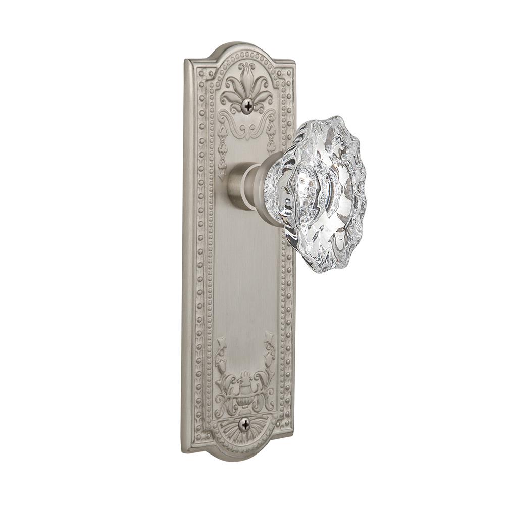 Nostalgic Warehouse MEACHA Complete Privacy Set Without Keyhole Meadows Plate with Chateau Knob in Satin Nickel